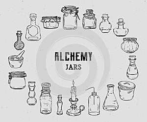 Empty alchemy jars for potions collection. Magic bottles for halloween decoration. photo