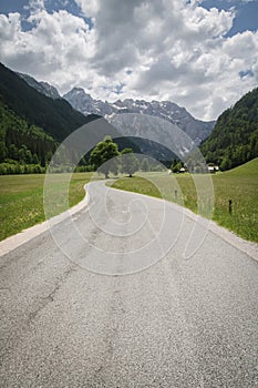 Empty alpine mountain road in logar valley, Slovenia