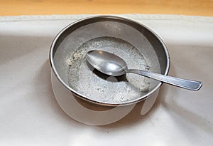 Empty aluminium plate and spoon