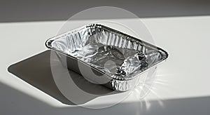 Empty Aluminum Foil Tray with Dramatic Shadows and Reflective Surface