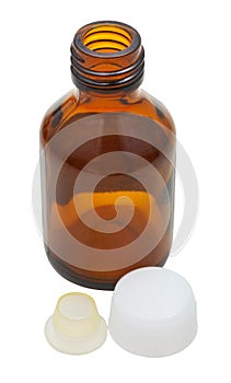 Empty amber glass pharmacy bottle isolated