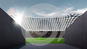 Empty American football arena with grass field view. 3D render. Cloudy noon sky Concept of sport, football, championship