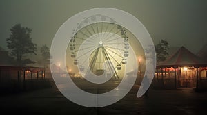 Empty amusement park with a Ferris wheel on a misty night. Mysterious and eerie atmosphere. Generative AI