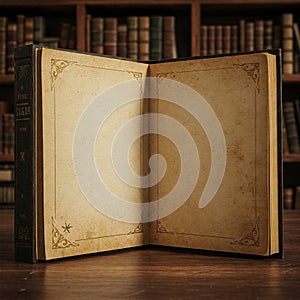 An empty antique book is opened in the middle of the library.