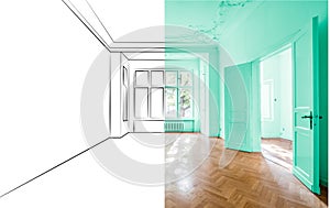 Empty apartment room after renovation and design planning sketch merged