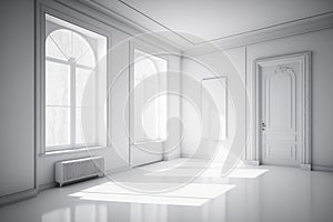 Empty architecture design. Blank white interior room background. Vintage white room with door and window in new home-topaz