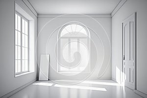Empty architecture design. Blank white interior room background. Vintage white room with door and window in new home-topaz