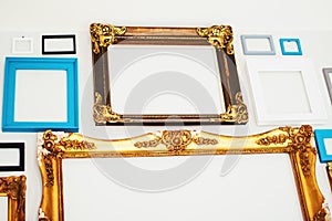 Empty art frames on gallery wall, decor and design