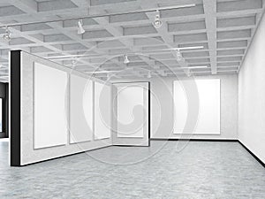 Empty art gallery with blank pictures