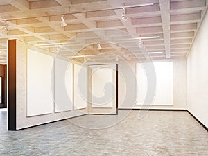 Empty art gallery with blank pictures, toned