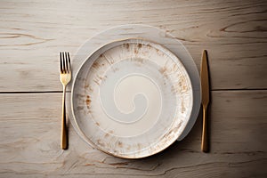 empty artistic ceramic Glazed earthenware white fancy shape plate, golden cutlery on side.