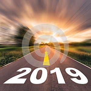 Empty asphalt road and New year 2019 concept. Driving on an empty road to Goals 2019.