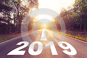 Empty asphalt road and New year 2019 concept. Driving on an empty road to Goals 2019.