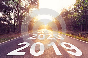 Empty asphalt road and New year 2019 concept. Driving on an empty road to Goals 2019.