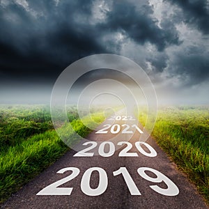 Empty asphalt road and New year 2019 concept. Driving on an empty road to Goals 2019.