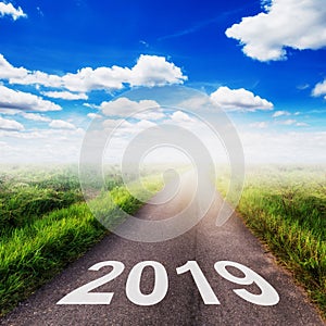 Empty asphalt road and New year 2019 concept. Driving on an empty road to Goals 2019.