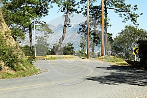 Empty asphalted road near mountains and trees outdoors