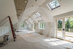 Empty attic rooms after ceiling and wall work completed