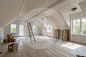 Empty attic rooms after ceiling and wall work completed