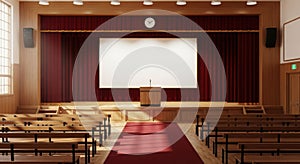 Empty Auditorium Stage with Projector Screen and Podium