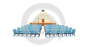 Empty Auditorium Stage with Rows of Chairs and Podium