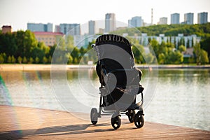 An empty baby stroller left unattended in a city park on the lake