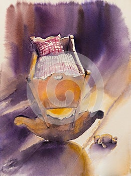 Empty baby wooden old cradle watercolors painted.