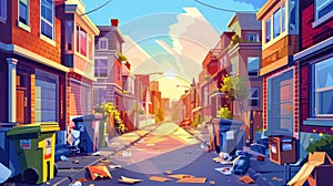 An empty back alley and city street with houses at sunset. A city street with old buildings, trash bins, boxes, and