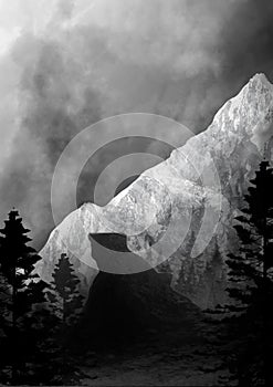 Empty background with a coniferous forest, a mountain path and a high ice rock with a sharp peak. Gloomy, winter landscape