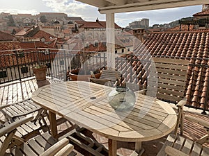 Empty balcony in the morning with the europe town view in dubrovnik