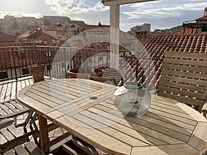 Empty balcony in the morning with the europe town view in dubrovnik