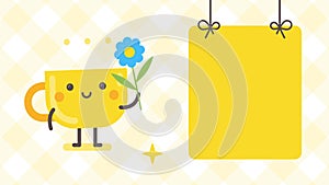 Empty banner and cup character holding flower