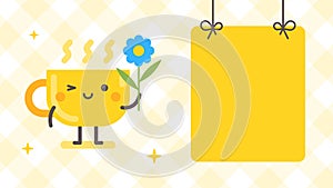Empty banner and cup character holding flower. Funny character