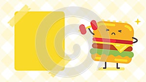 Empty banner and hamburger character holding dumbbell