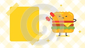 Empty banner and hamburger character holding dumbbell. Funny character