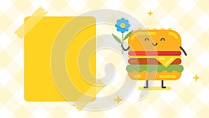 Empty banner and hamburger character holding flower. Funny character