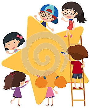 Empty banner star shape with many kids cartoon character