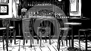 Black and White Bar Scene Sketch, Alcohol, Chairs