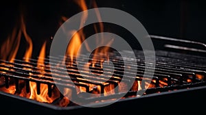 Empty barbecue Grill With Fire Flames. Black cooking grill background