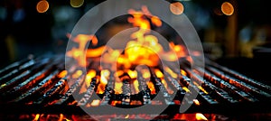 Empty barbecue grill with flames and glowing charcoal on black background outdoor cooking concept