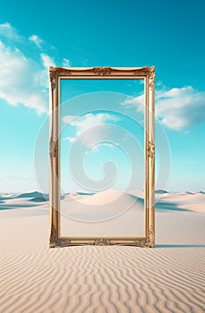 Empty baroque frame displayed in the desert.