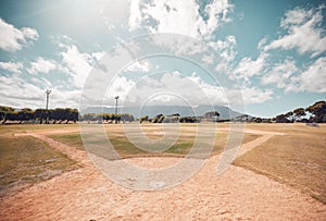 Empty baseball field, stadium or sport softball park for competition, training or tournament match. Sports, ball game or