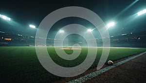 Empty Baseball Stadium at Night with Baseball on Baseline photo