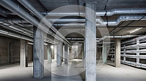 Empty basement of modern building with concrete columns with plumbing system. Generative AI