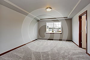 Empty basement room with white walls, carpet floor and one window.