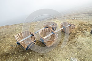 An empty basket of miners used for carrying sulphur inside the sulphur mine in Mount Kawah Ijen volcano.