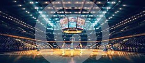Empty basketball arena with floodlights