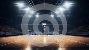 Empty basketball arena with floodlights and fan seats