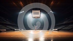 Empty basketball arena with floodlights and fan seats