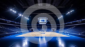 Empty basketball arena with floodlights and fan seats